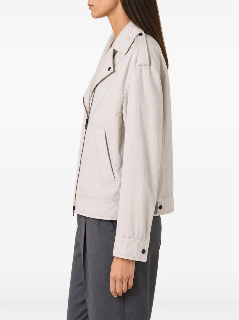 Brunello Cucinelli asymmetrical zip-up biker jacket Beige