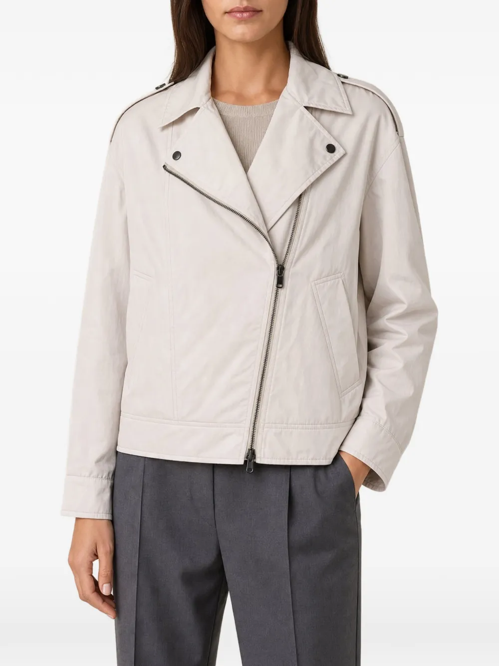 Brunello Cucinelli asymmetrical zip-up biker jacket - Nude