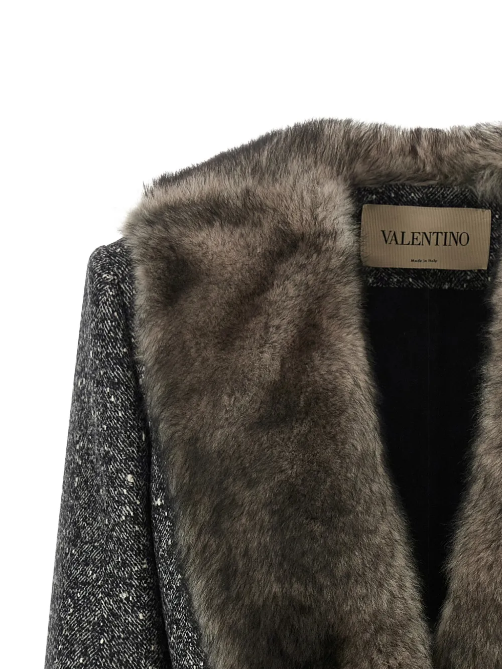 Valentino Garavani single-breasted chevron bouclé caban with shearling Zwart