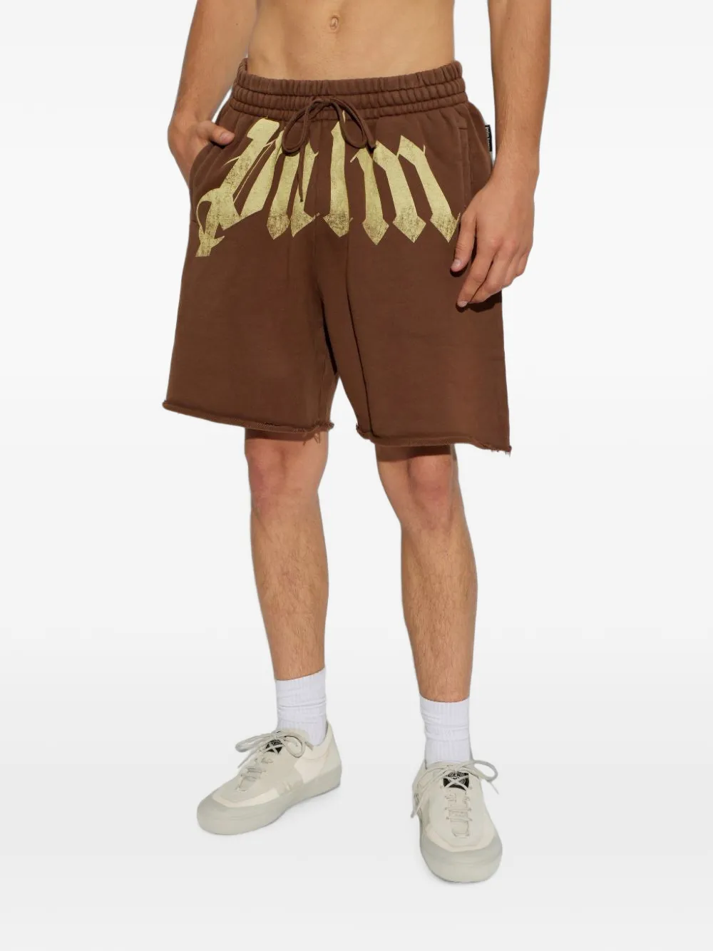 Palm Angels Gerafelde shorts met logo-print Bruin
