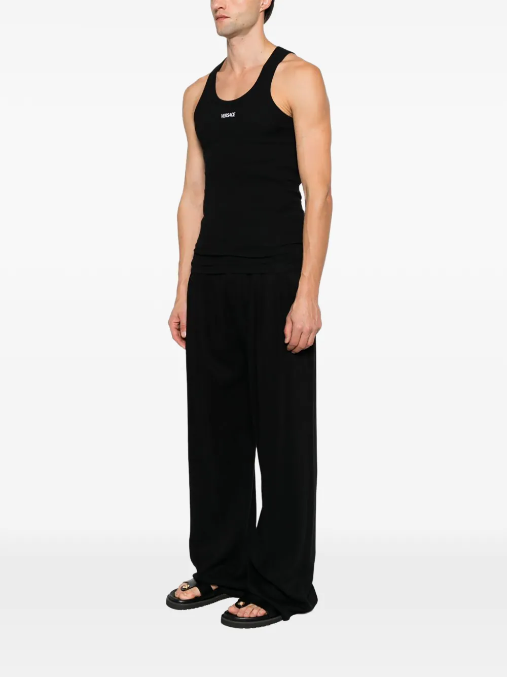Versace logo-embroidered ribbed tank top Zwart