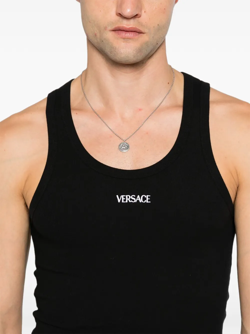 Versace logo-embroidered ribbed tank top Zwart