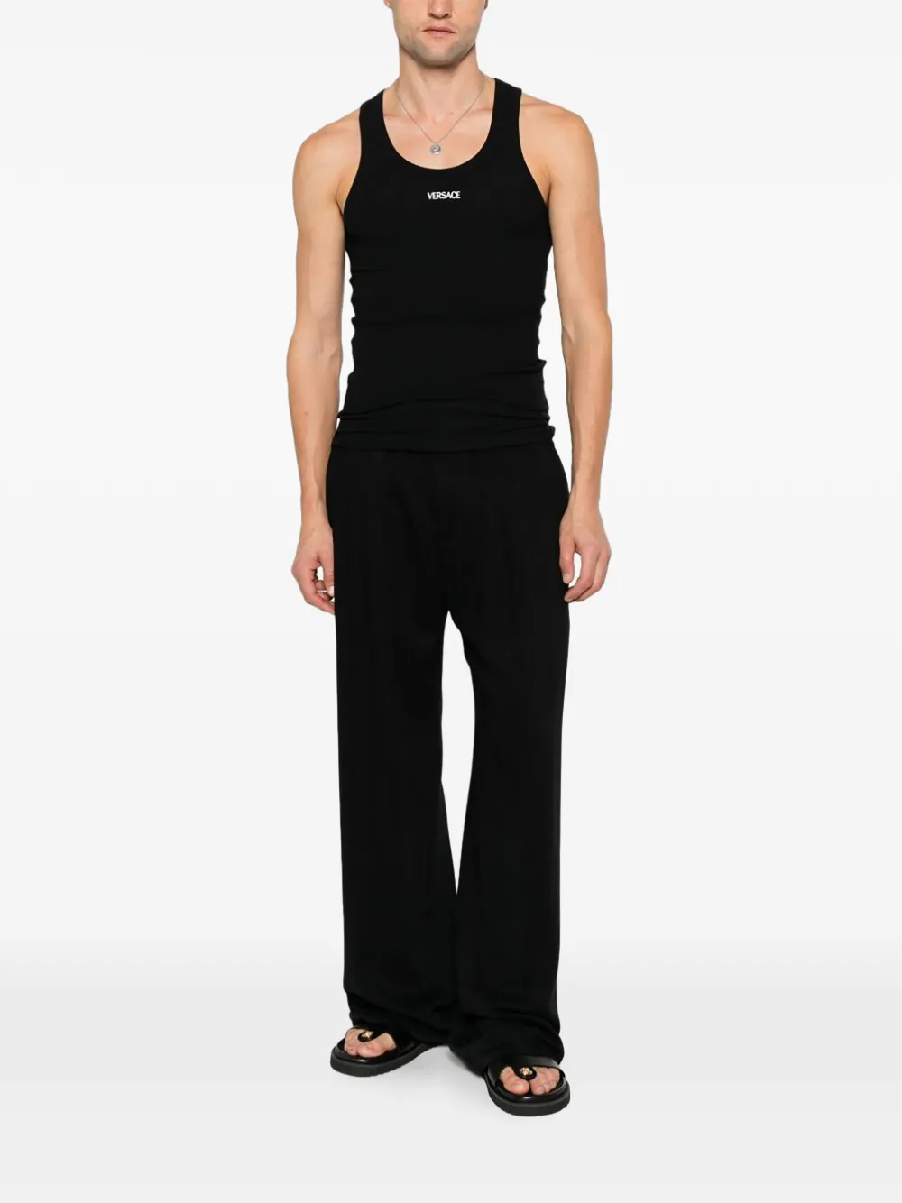 Versace logo-embroidered ribbed tank top Zwart