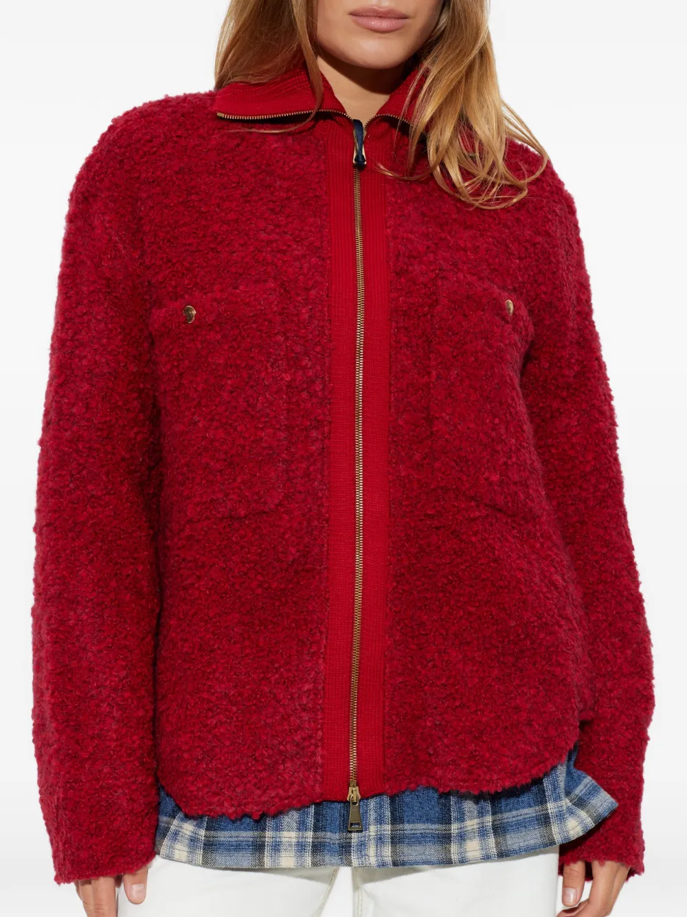 Moncler bouclé-knit zip-up cardigan Rood