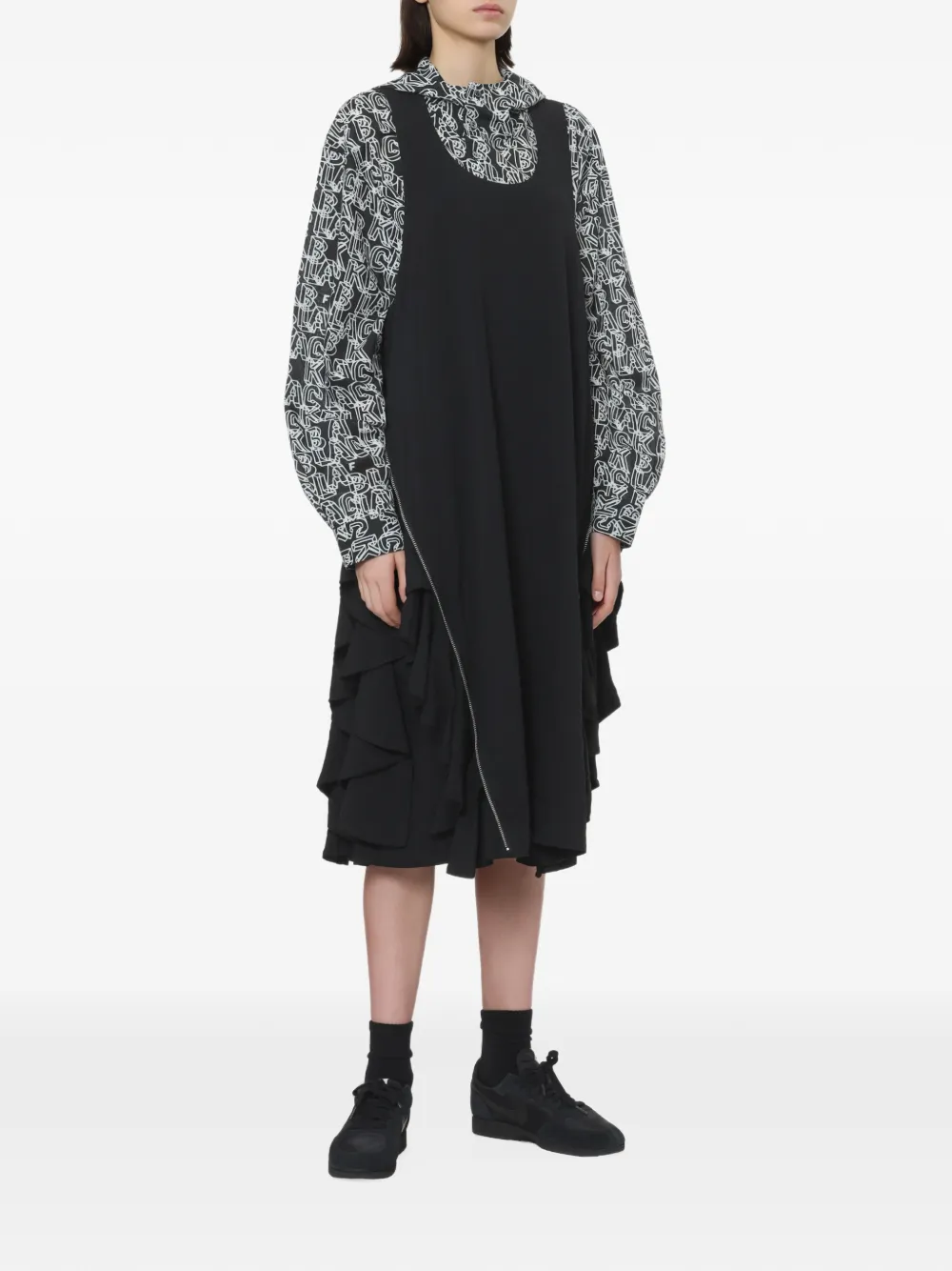 Black Comme Des Garçons ruffled zip-detail midi dress Zwart