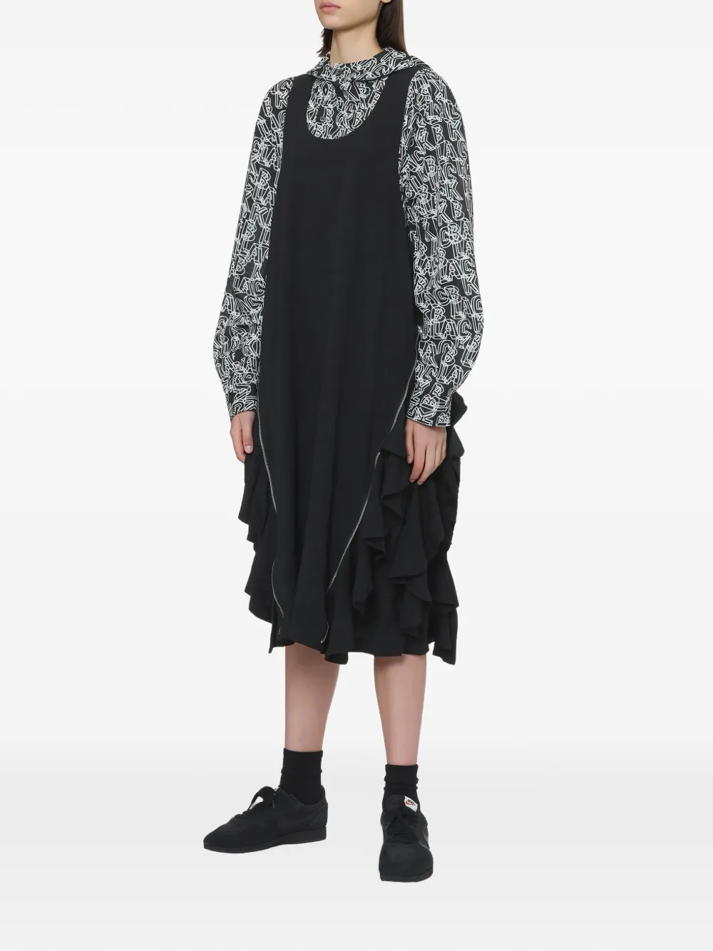 Black Comme Des Garçons ruffled zip-detail midi dress Zwart