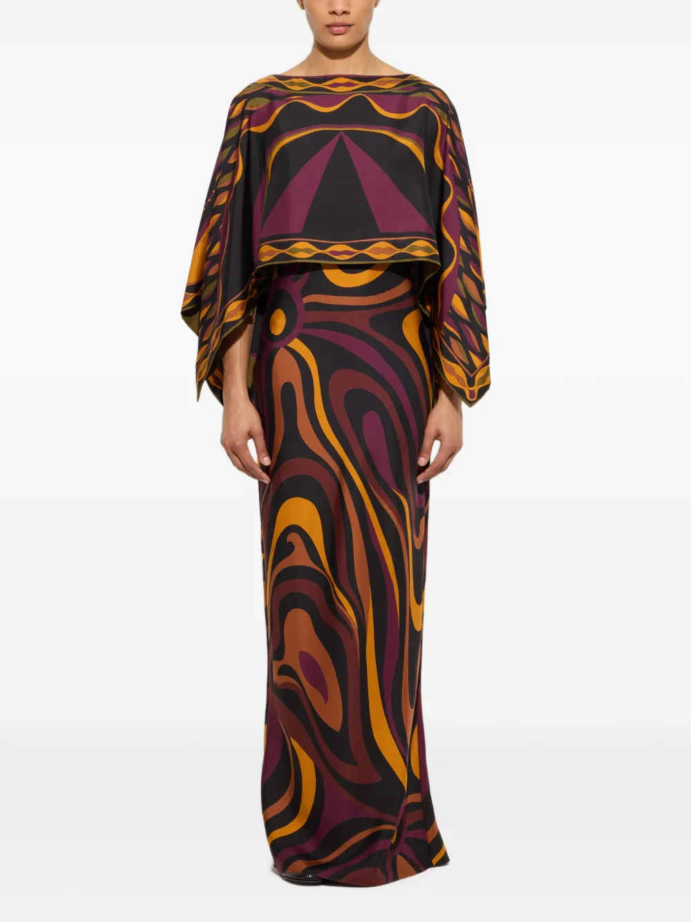 PUCCI Zijden jurk met cape en Marmo-print Zwart