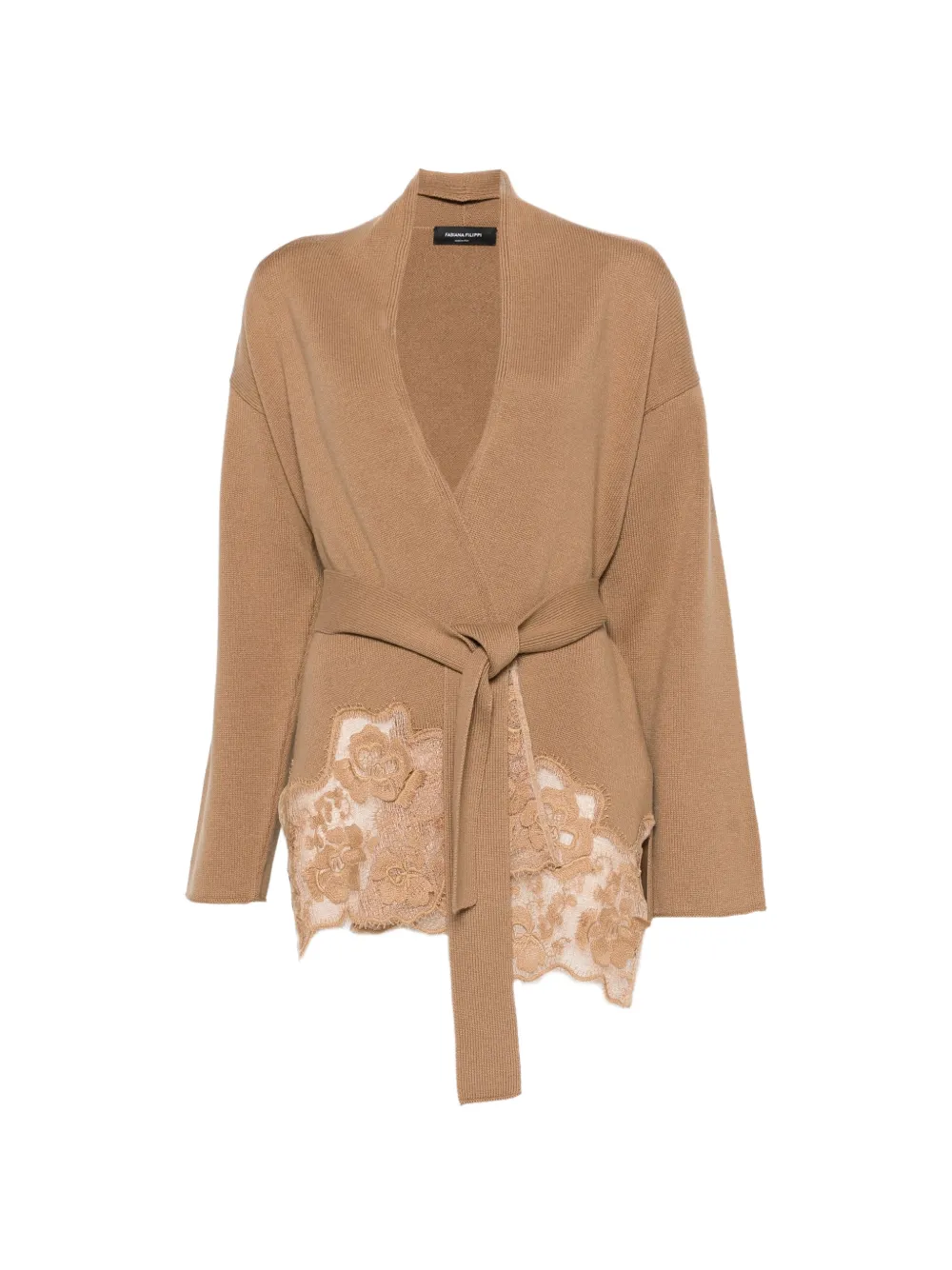 Fabiana Filippi cardigan ceinturé bordé de dentelle - Tons neutres Fabiana Filippi cardigan ceinturé bordé de dentelle - Tons neutres