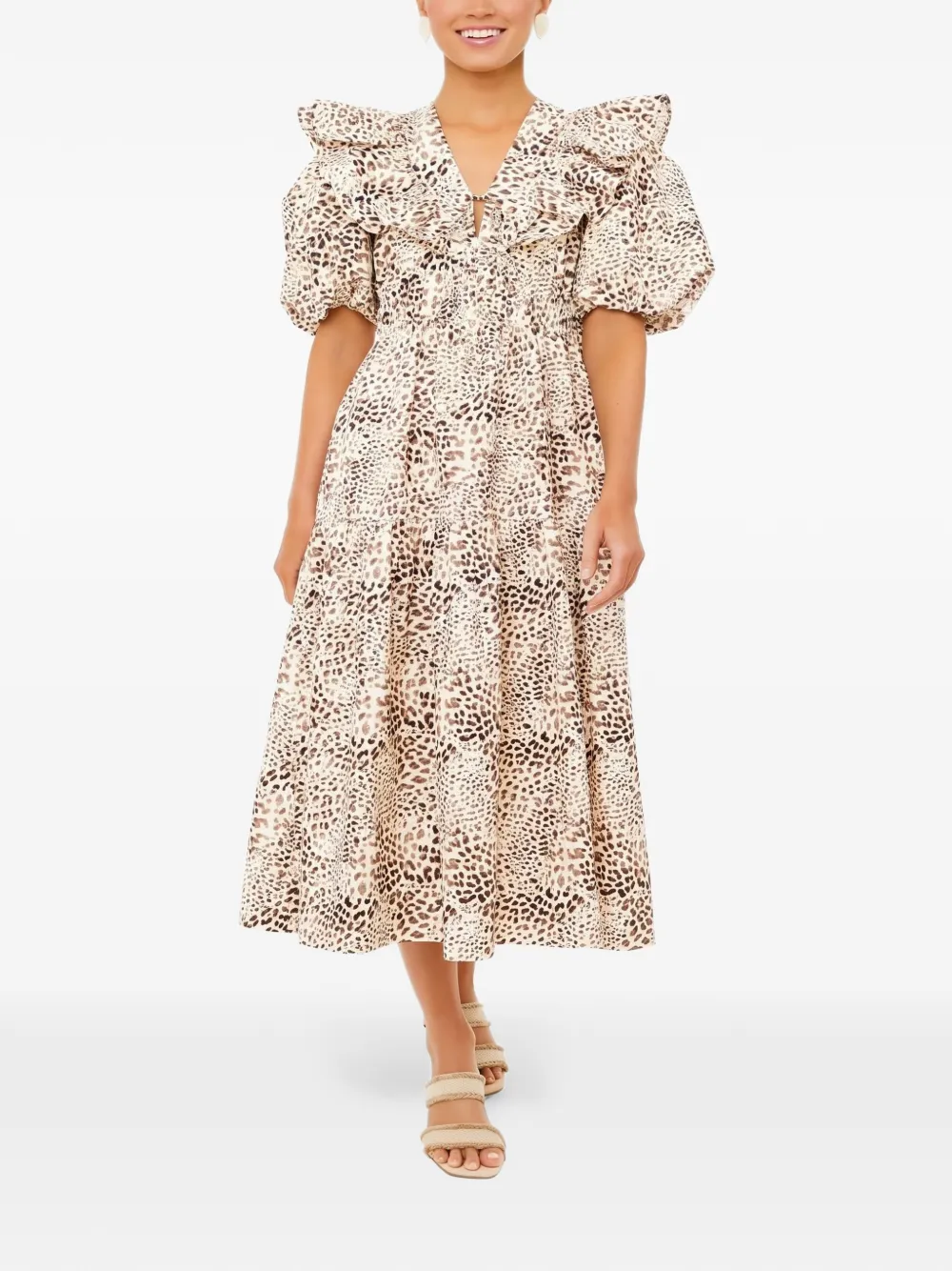 Sea Calla cheetah-print puff-sleeve midi dress Beige
