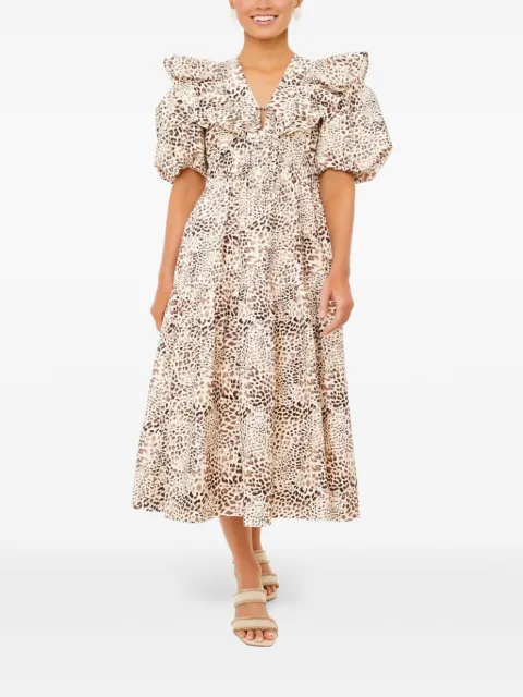 Sea Calla cheetah-print puff-sleeve midi dress