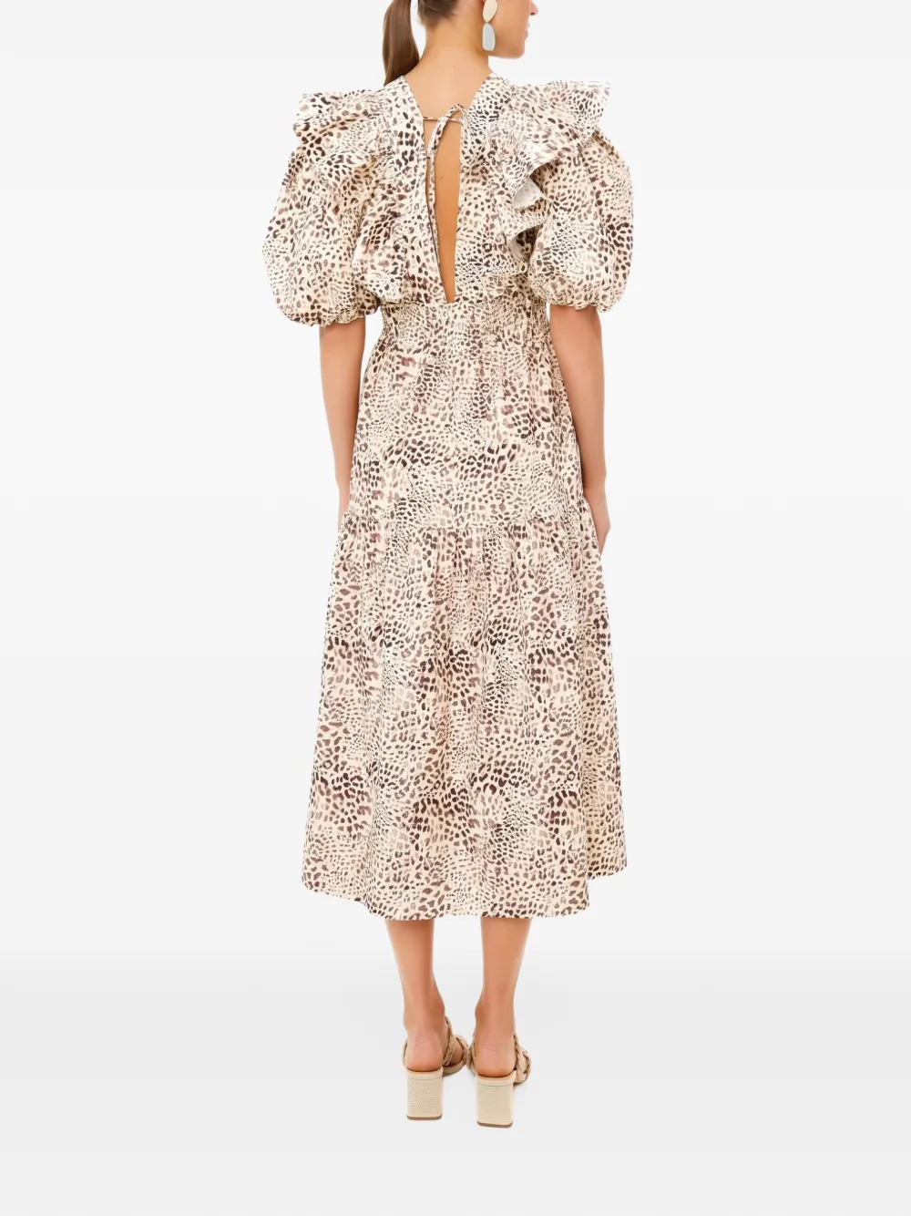Sea Calla cheetah-print puff-sleeve midi dress Beige