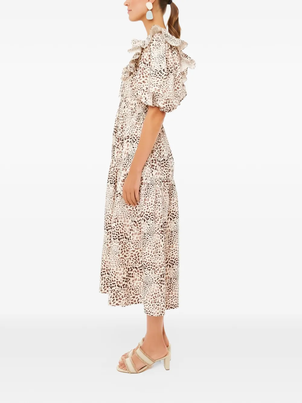 Sea Calla cheetah-print puff-sleeve midi dress Beige