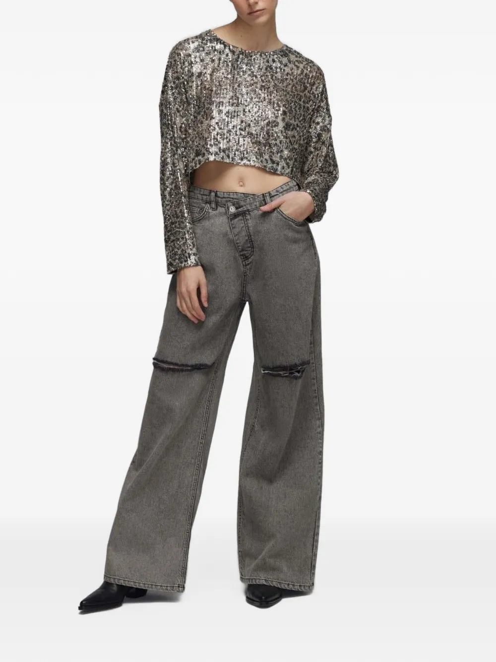 In The Mood For Love Alexandra top met luipaard-print en pailletten Grijs