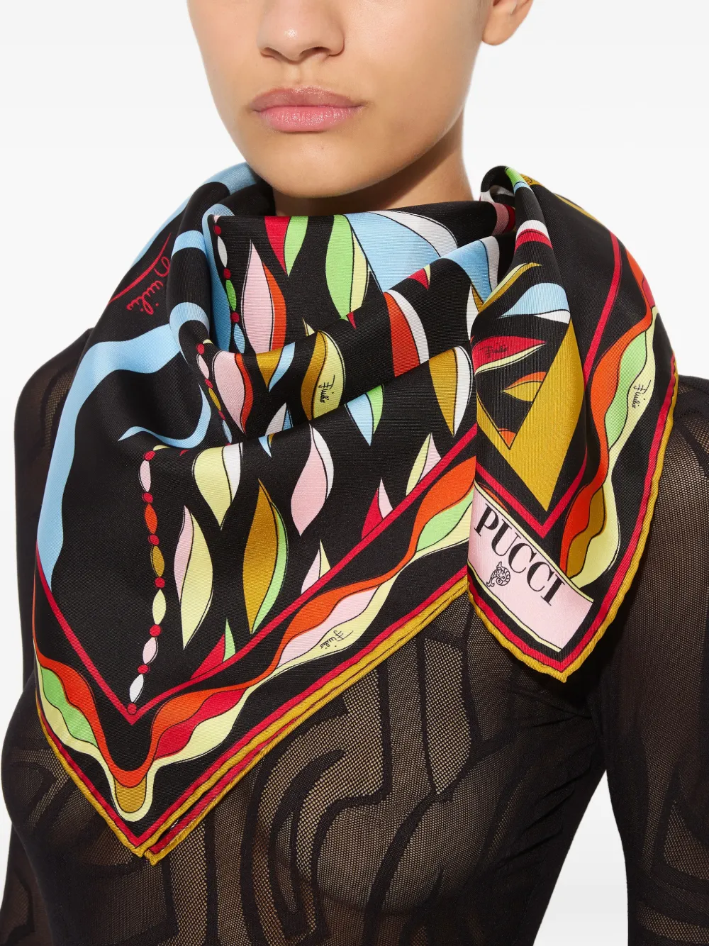 PUCCI Mixed Print Silk Scarf in Black, view 4