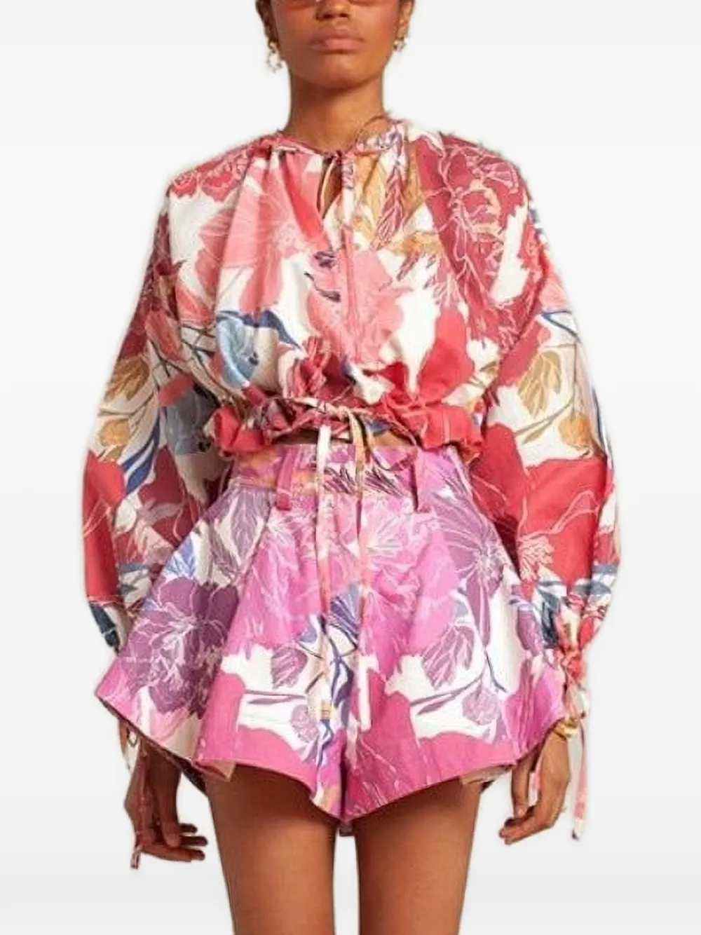 Isla And White Sophie Floral-print Balloon-sleeve Top In White