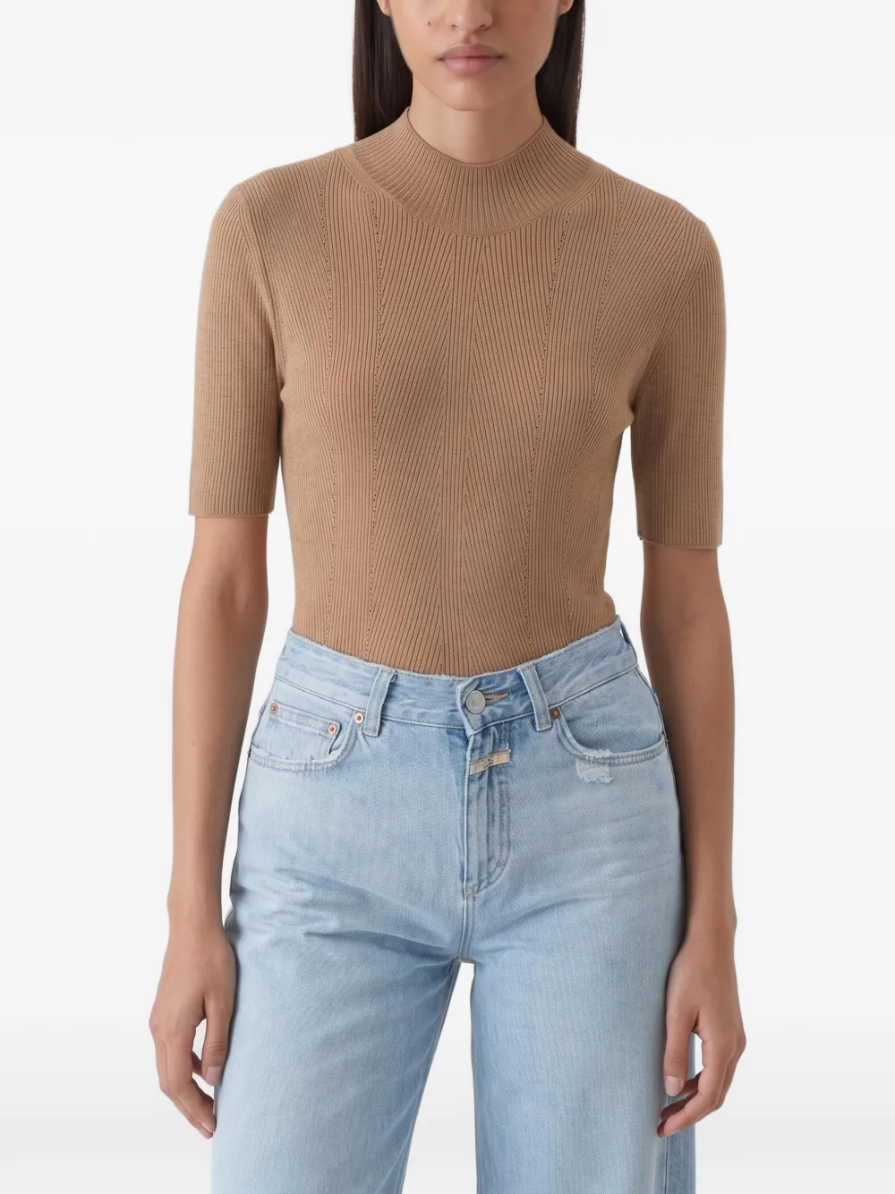 Closed ribbed fine-knit sweater - Marrone