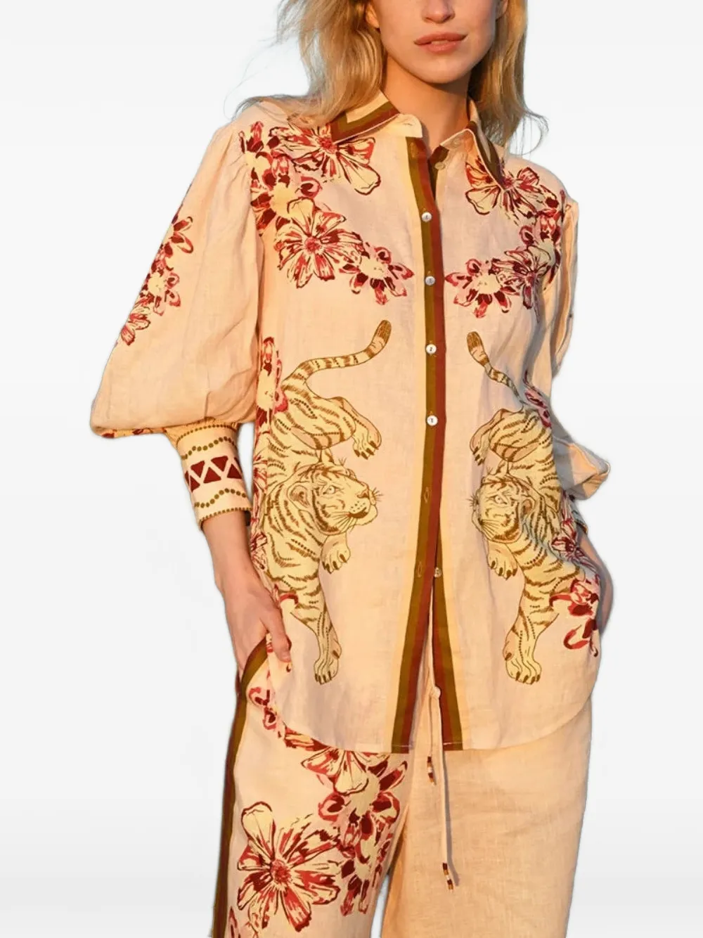 LAS SUREÑAS flower tiger-print silk shirt