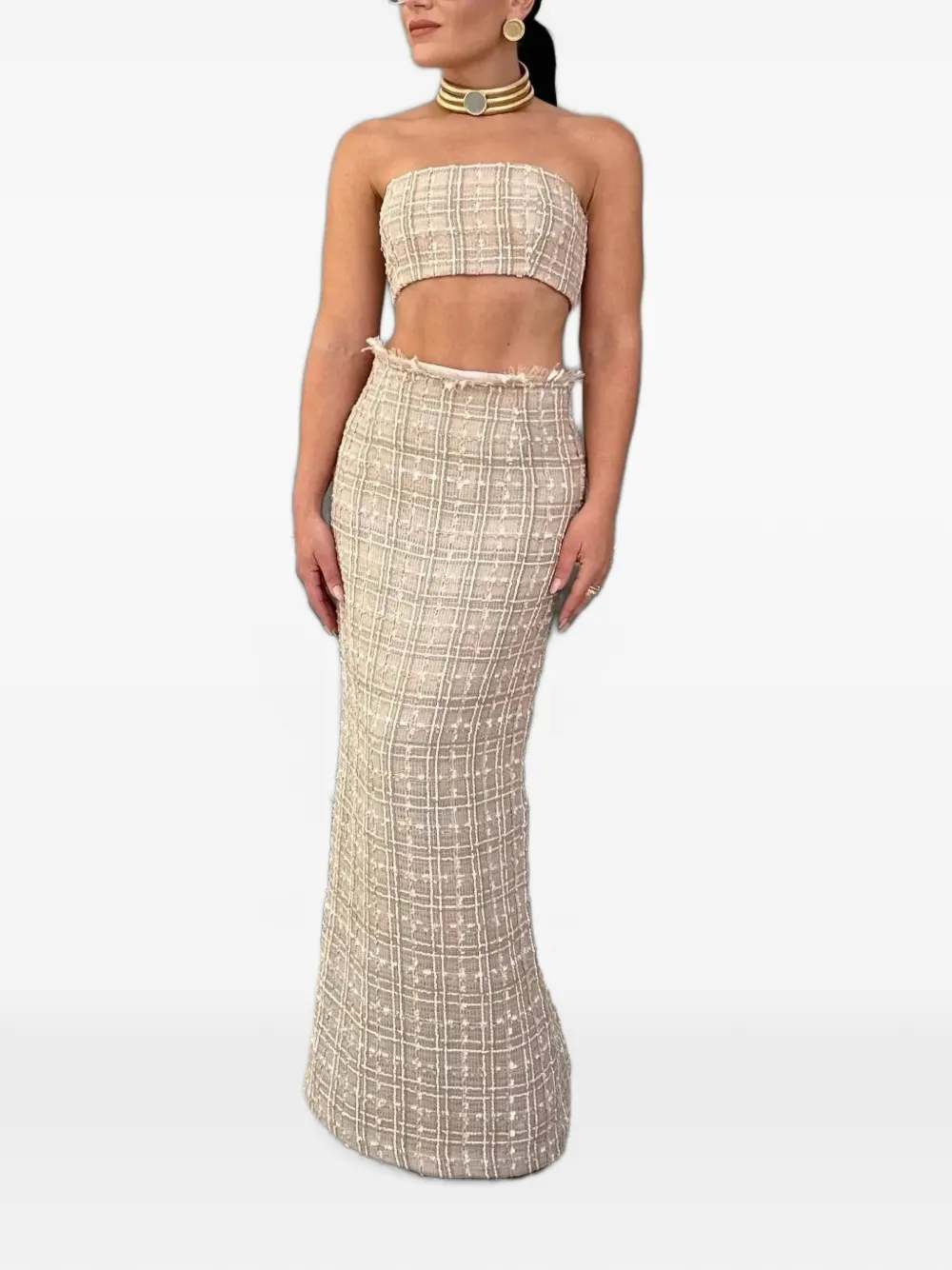 Taylor Fleur strapless tweed top Beige
