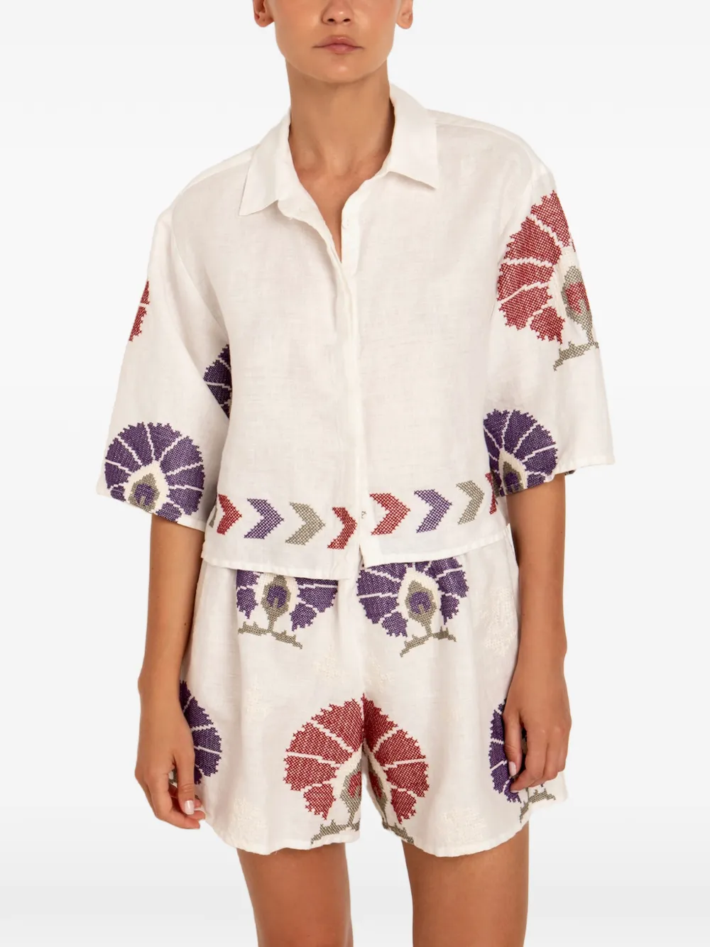 GREEK ARCHAIC KORI Mini Peacock embroidered shirt