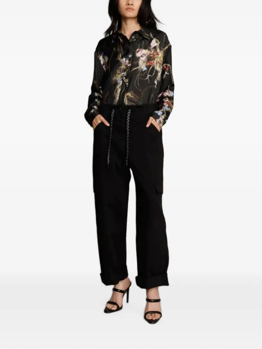 MUNTHE Aseia zijden blouse met bloemenprint Zwart