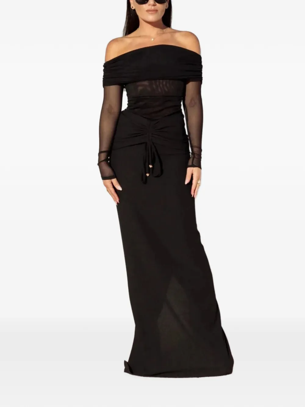 Taylor Sunset off-shoulder mesh top Zwart