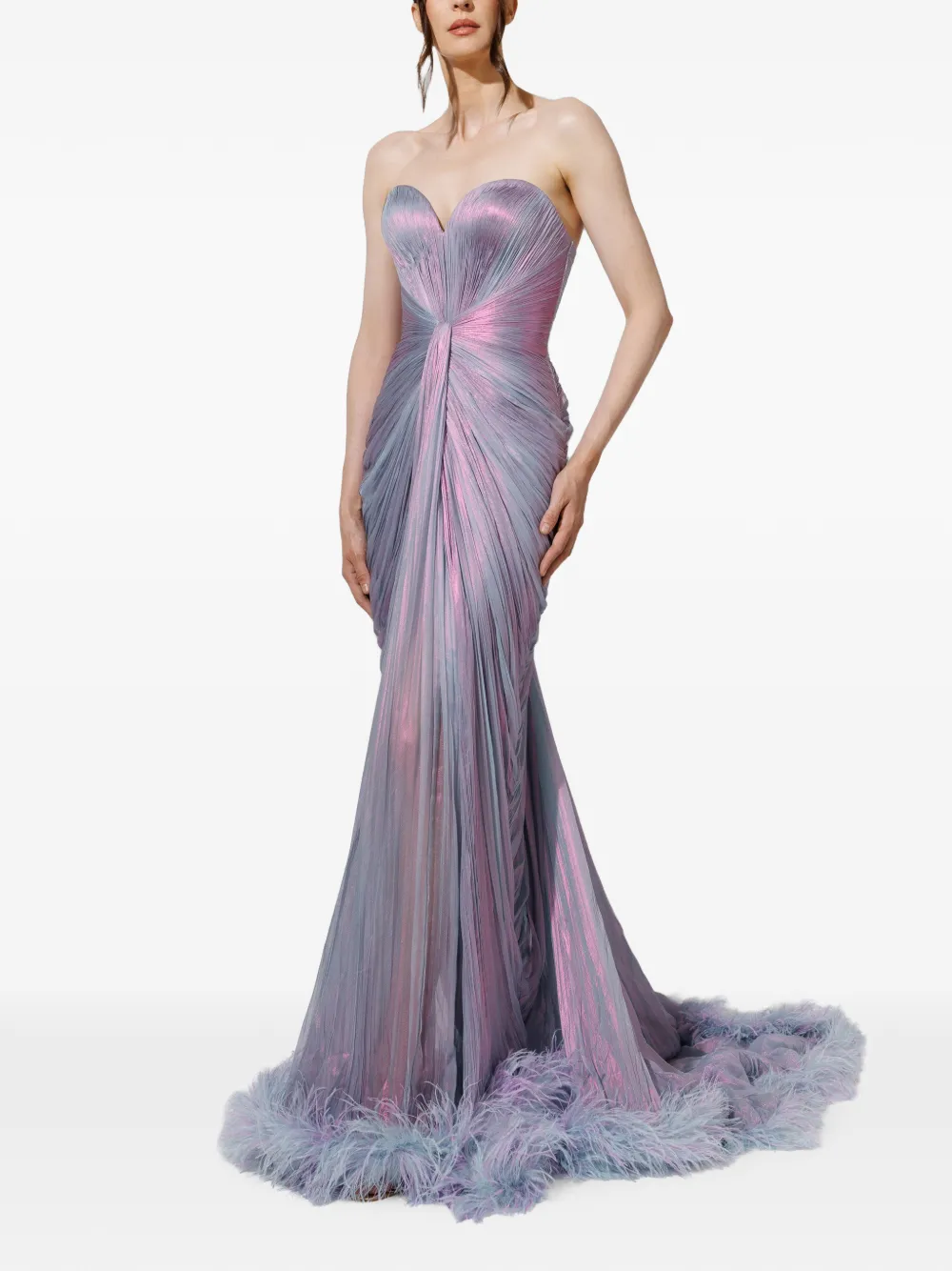Iris Serban Maxi-jurk met plooien en veren Paars