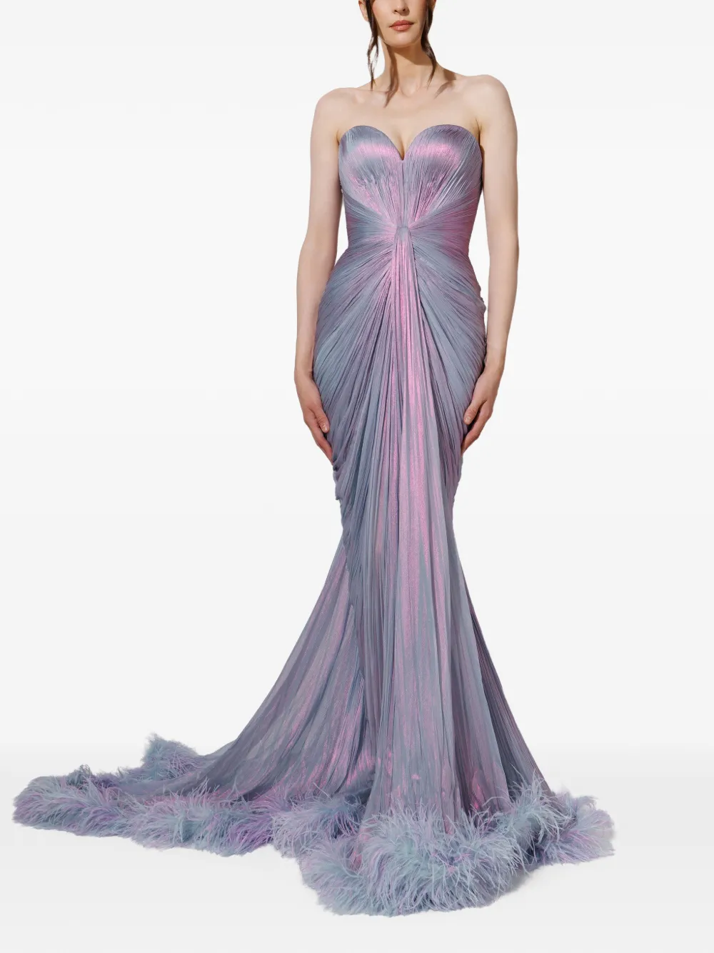 Iris Serban Maxi-jurk met plooien en veren Paars