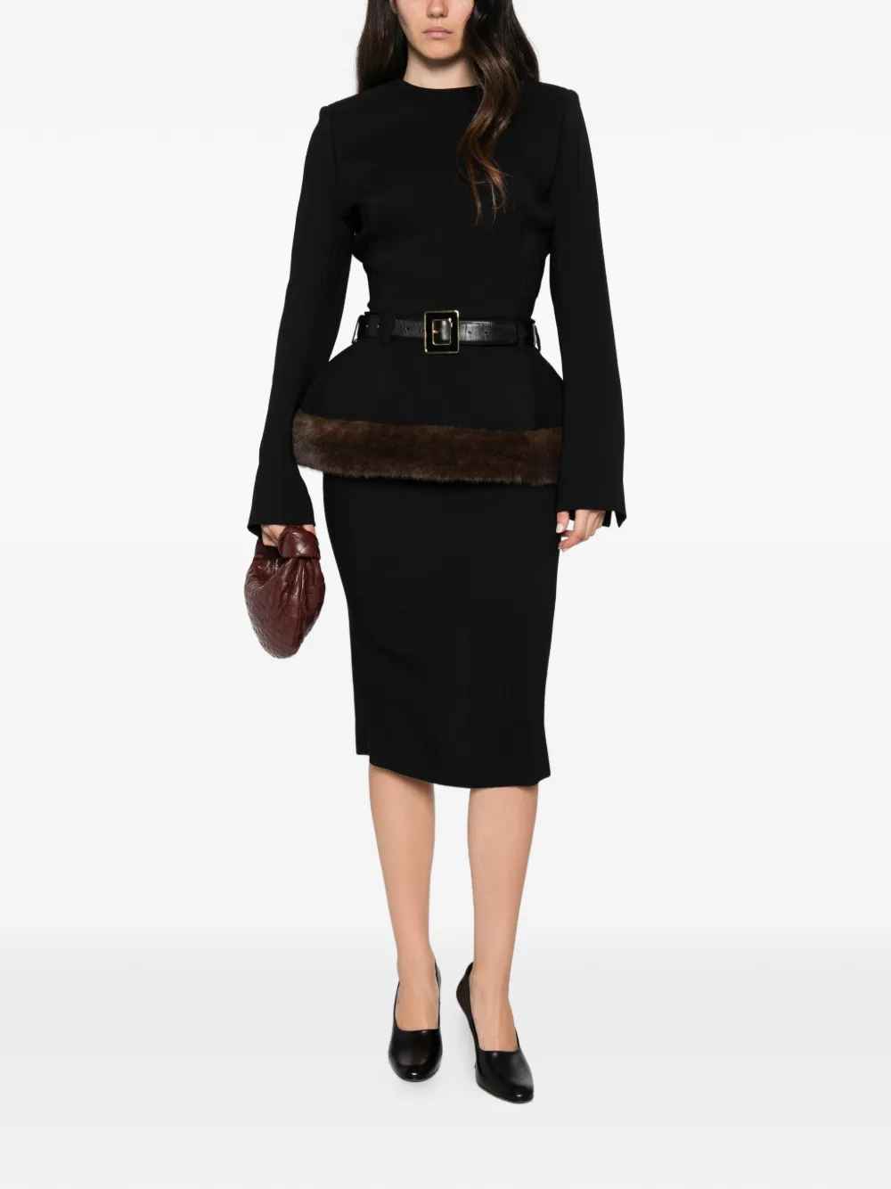 Stella McCartney faux-fur peplum midi dress Zwart