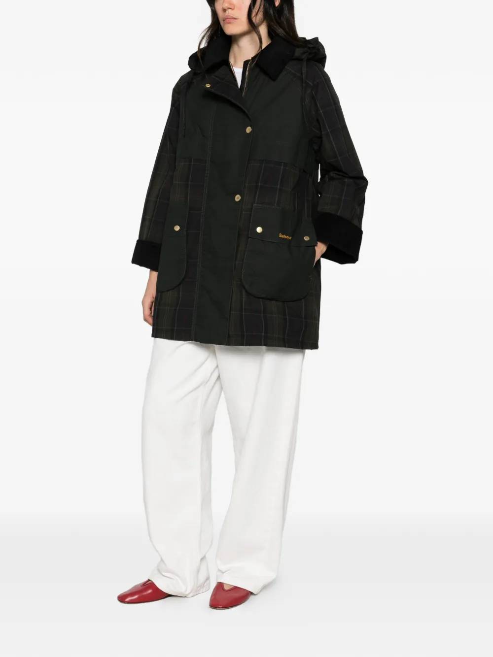 Barbour Elsie tartan-panelled hooded coat Groen