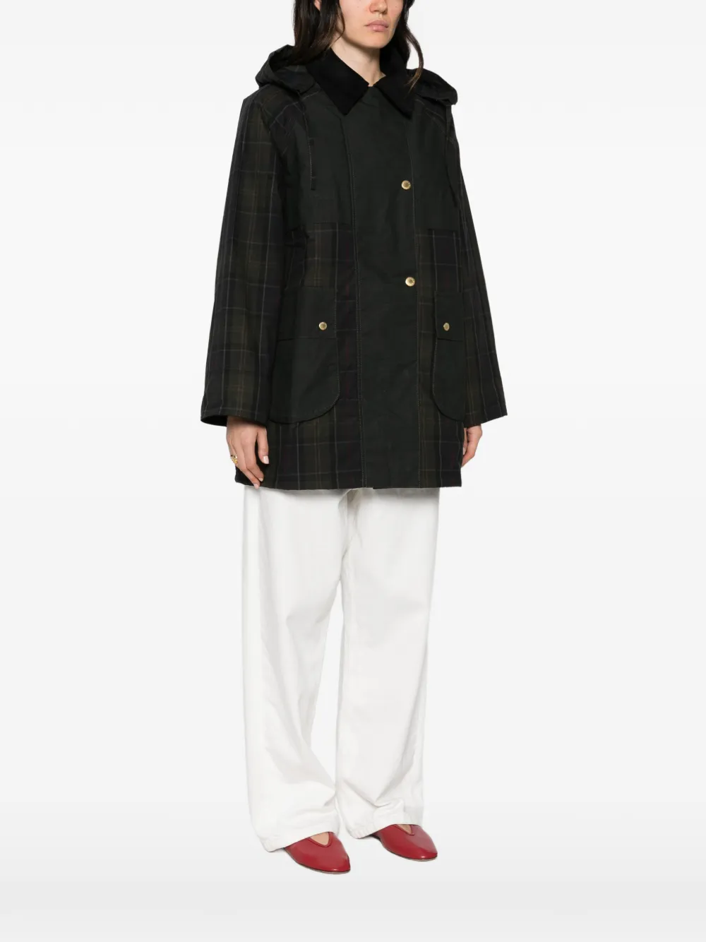 Barbour Elsie tartan-panelled hooded coat Groen