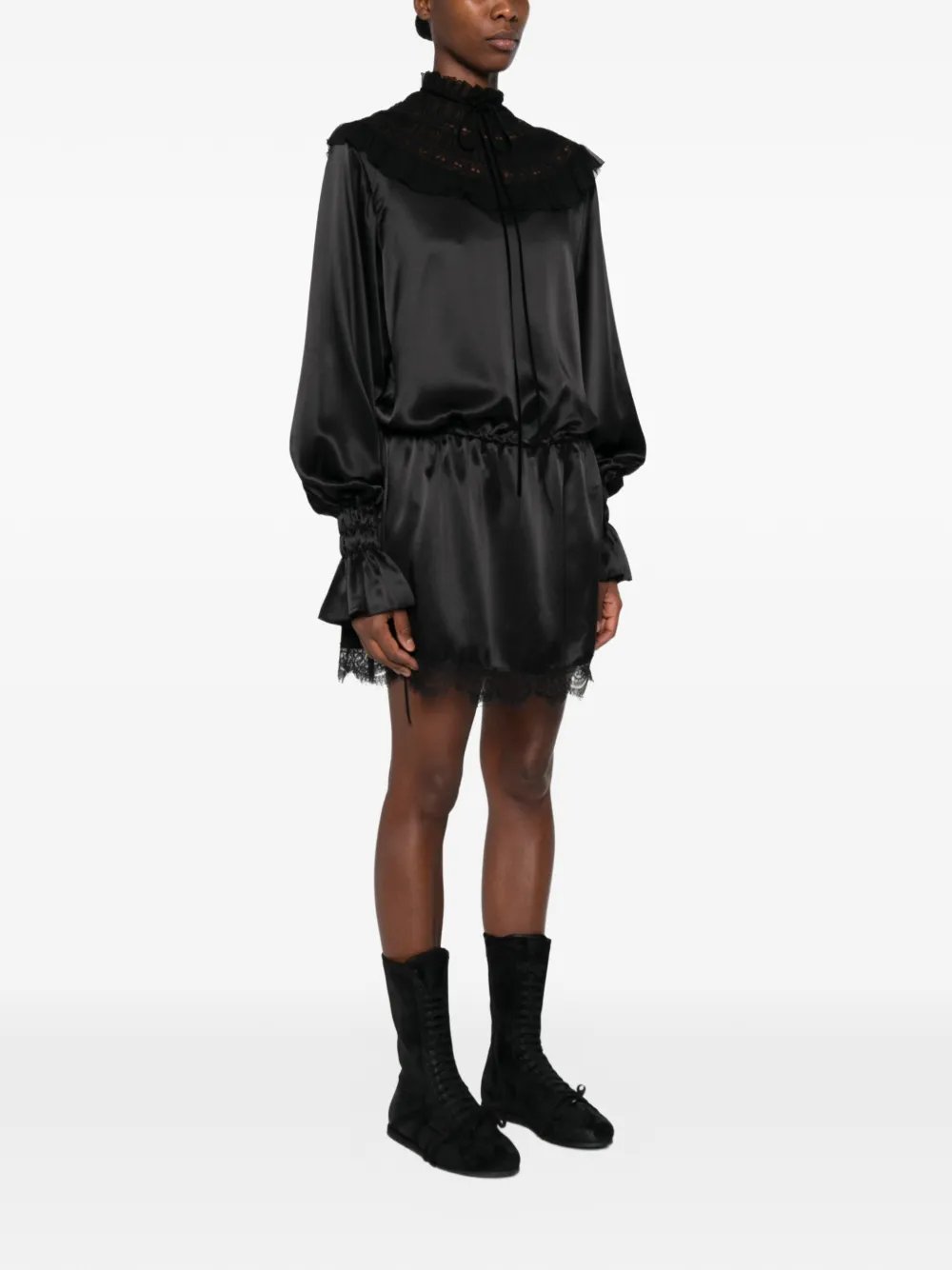 Ann Demeulemeester Mini-jurk met kanten afwerking en ruches Zwart