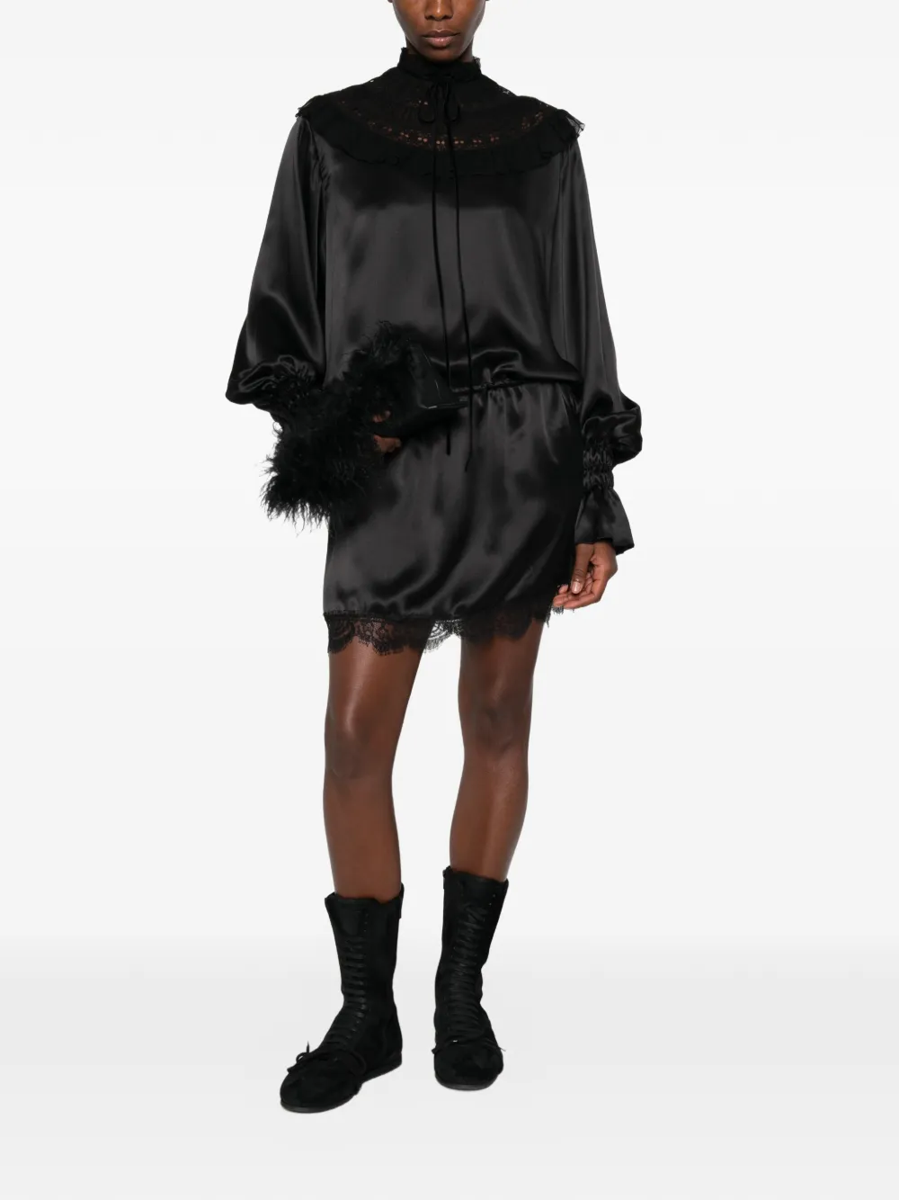 Ann Demeulemeester Mini-jurk met kanten afwerking en ruches Zwart