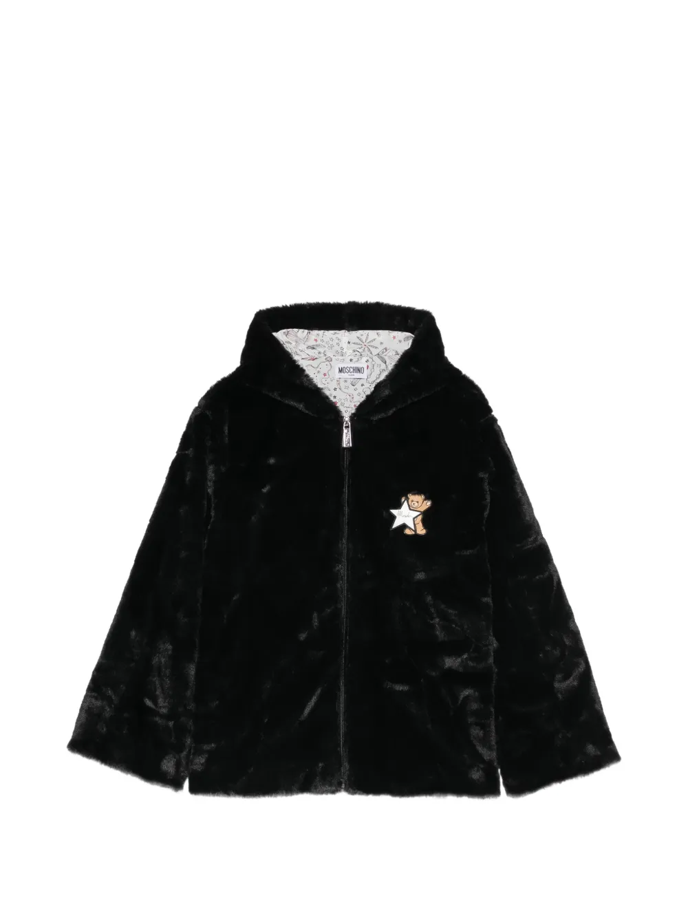 Moschino Kids Teddy Bear patch faux-fur coat - Noir Moschino Kids Teddy Bear patch faux-fur coat - Noir