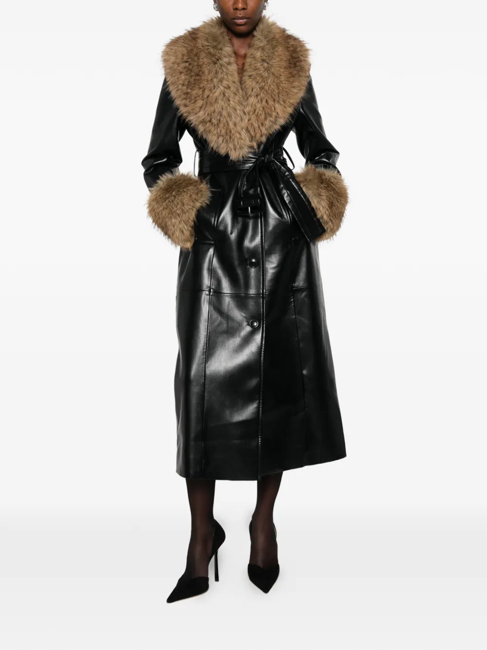 Stand Studio Estella Faux-fur Belted Coat In Black