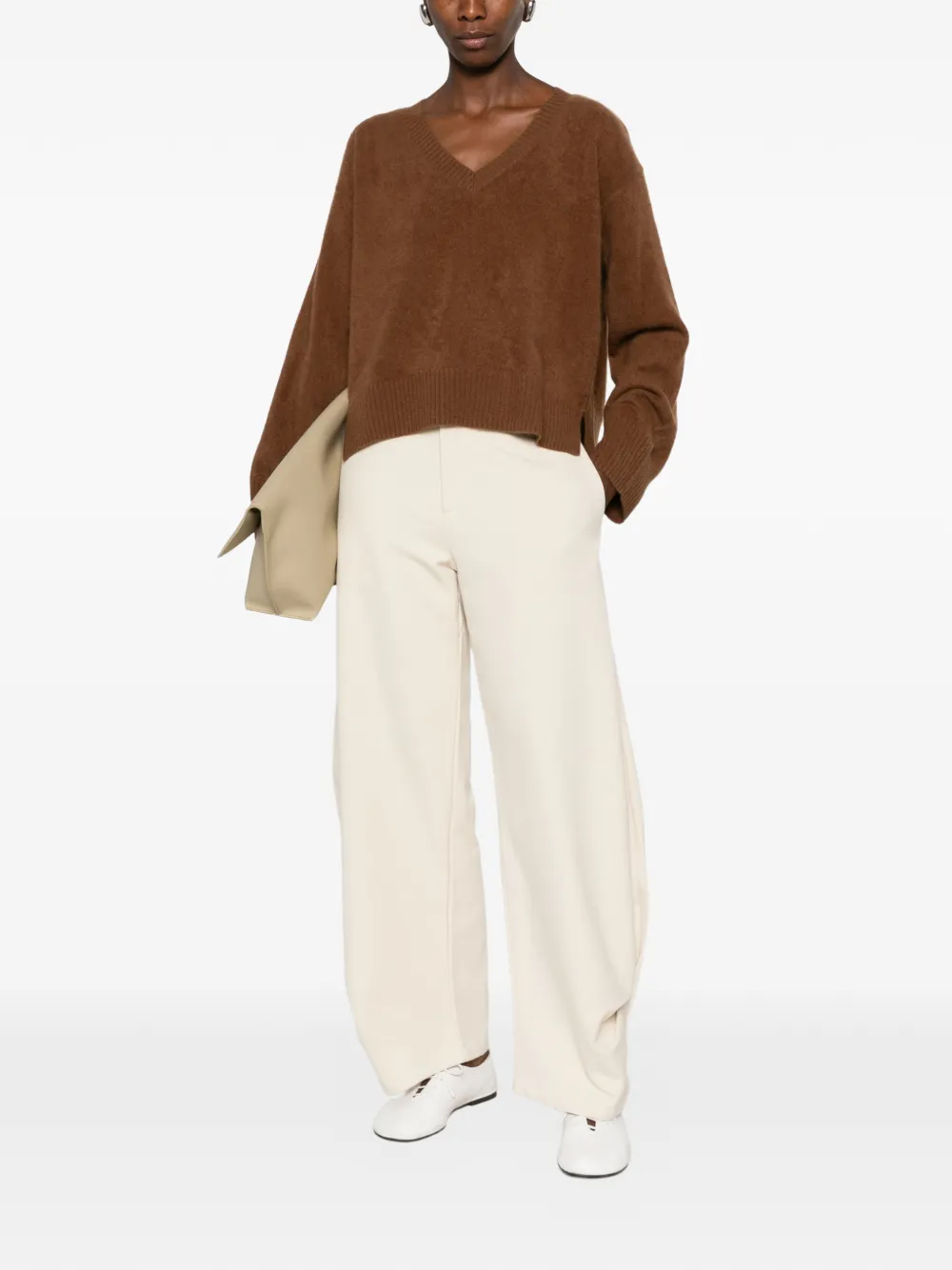 C.t.plage V-neck Side-slit Sweater In Brown