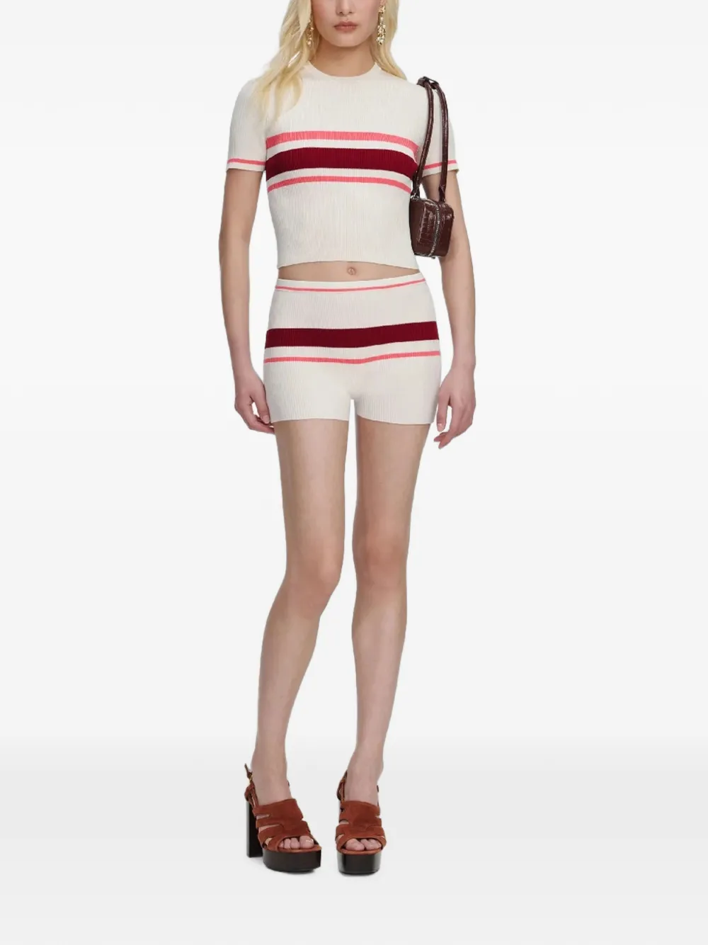 Self-Portrait Gestreepte ribgebreide shorts Beige