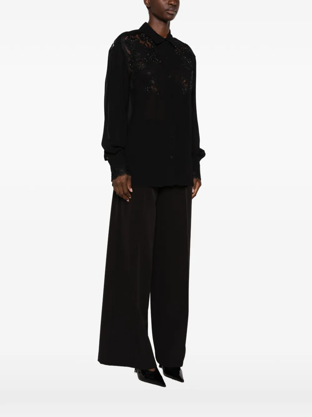 ERMANNO FIRENZE lace-panelled sequin-embellished shirt Zwart