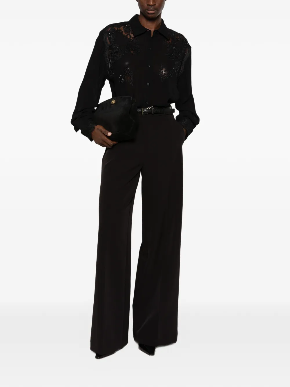 ERMANNO FIRENZE lace-panelled sequin-embellished shirt Zwart