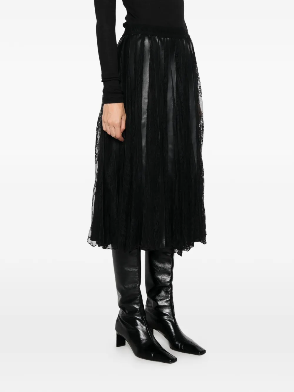 ERMANNO FIRENZE lace-panelled pleated midi skirt Zwart