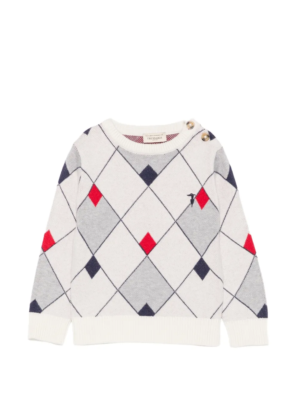 TRUSSARDI JUNIOR pull en maille à losanges et épaule boutonnée - Tons neutres TRUSSARDI JUNIOR pull en maille à losanges et épaule boutonnée - Tons neutres