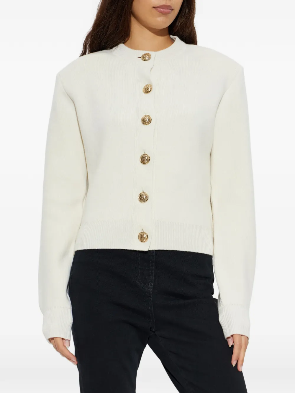 Balmain shoulder-pad button-up wool cardigan Beige