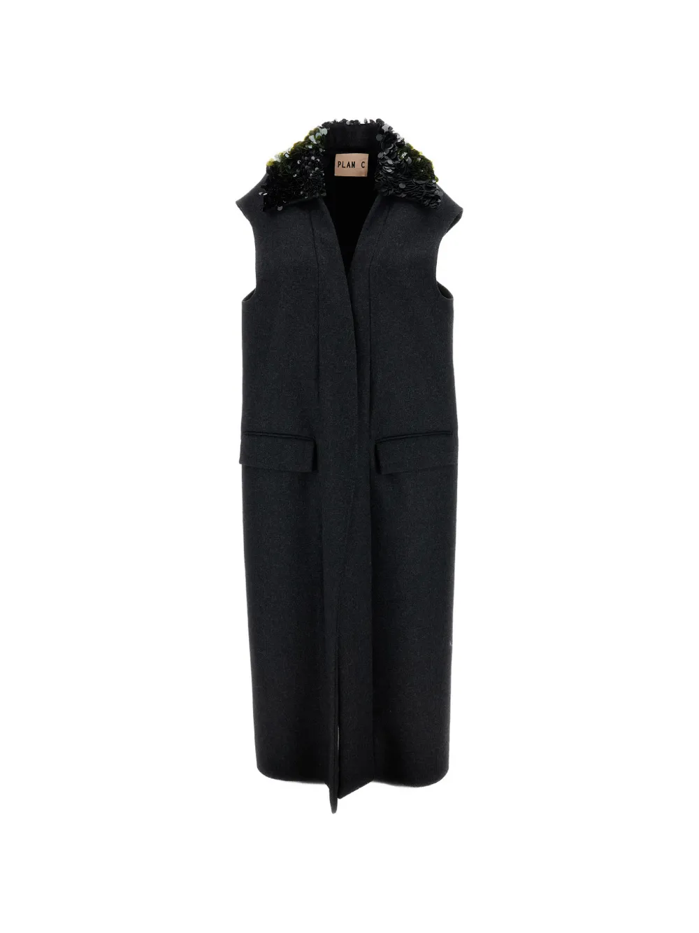 Plan C Sequin-embellished Sleeveless Coat In Black