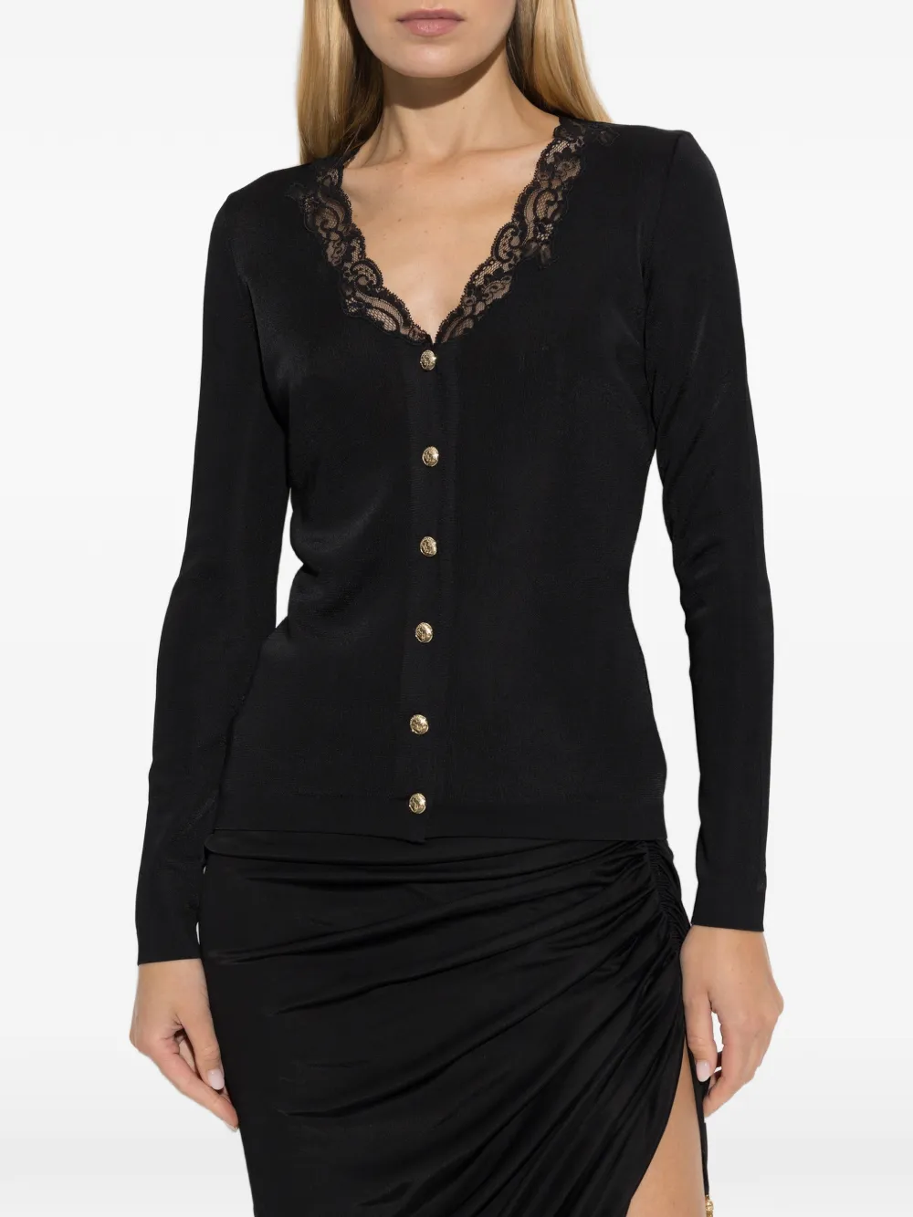 Balmain lace-trim button-up cardigan Zwart
