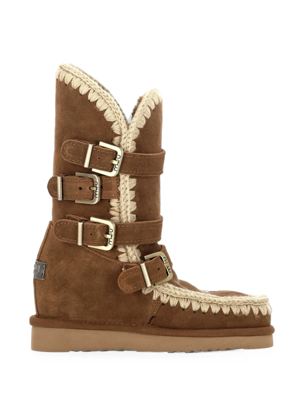 Mou Buckled Sheepskin Boots In Brown