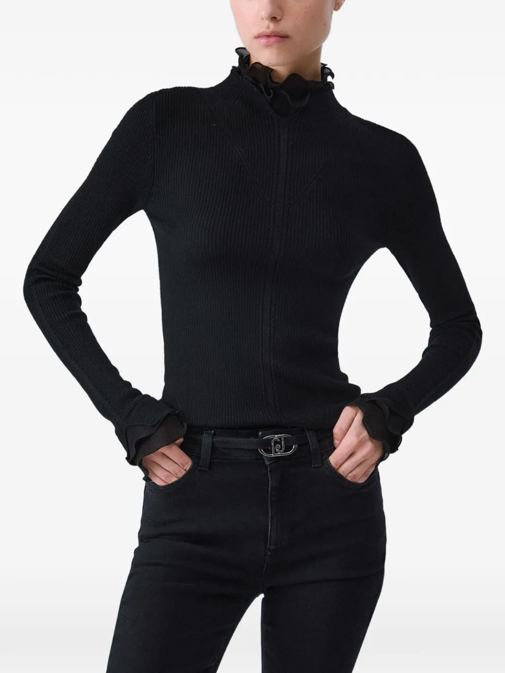 LIU JO wool turtleneck with ruffles Zwart