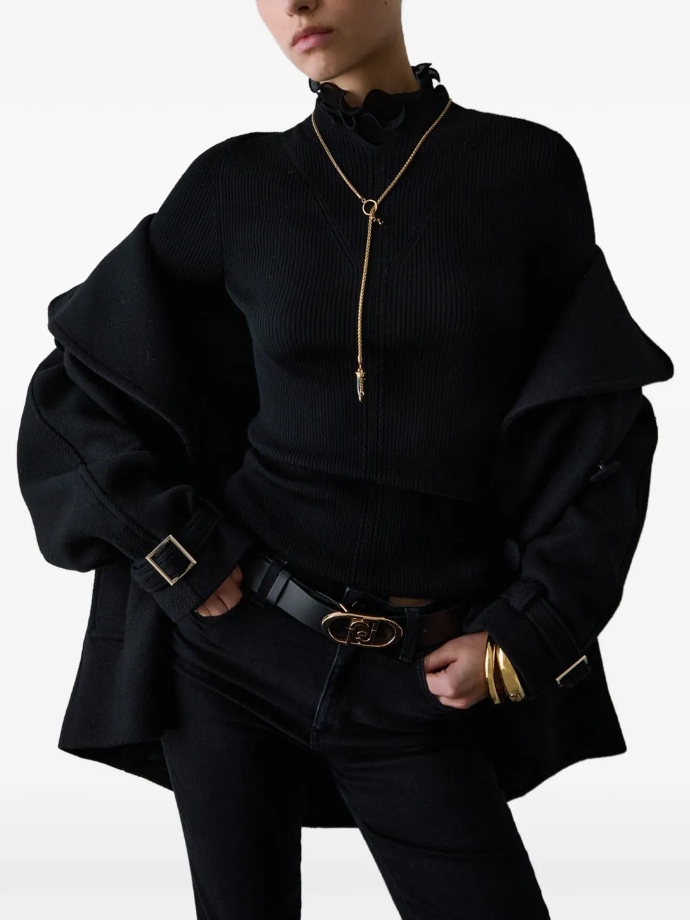 LIU JO wool turtleneck with ruffles Zwart