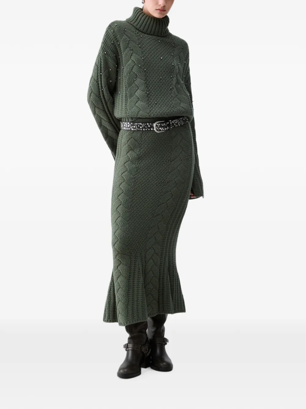 LIU JO rhinestone-embellished cable-knit sweater Groen