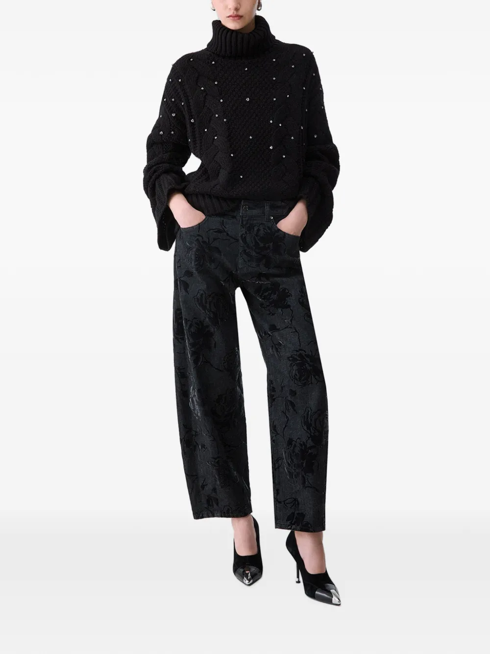 LIU JO cable-knit turtleneck with rhinestones Zwart