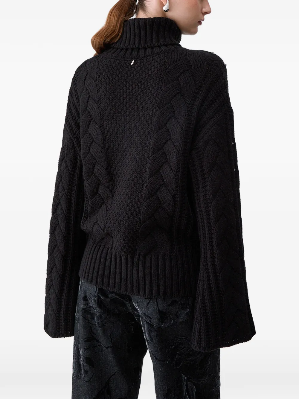 LIU JO cable-knit turtleneck with rhinestones Zwart
