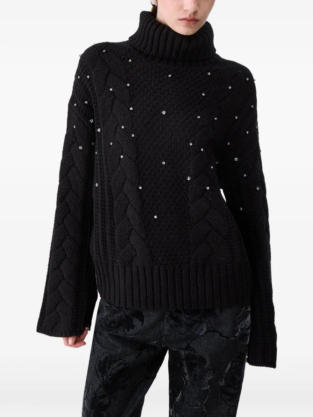 LIU JO cable-knit turtleneck with rhinestones Zwart